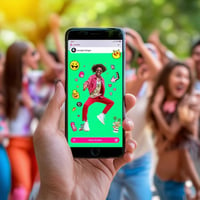 TikTok video on a phone featuring a dancing man and a pop art background